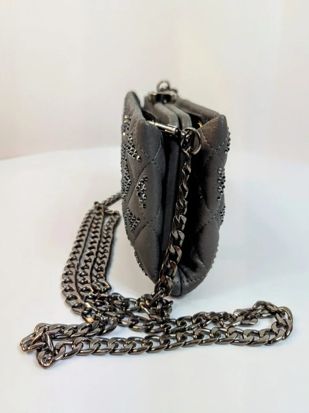Chanel Timeless Grey Crystal-Studded Suede Diamond-Quilted Clutch